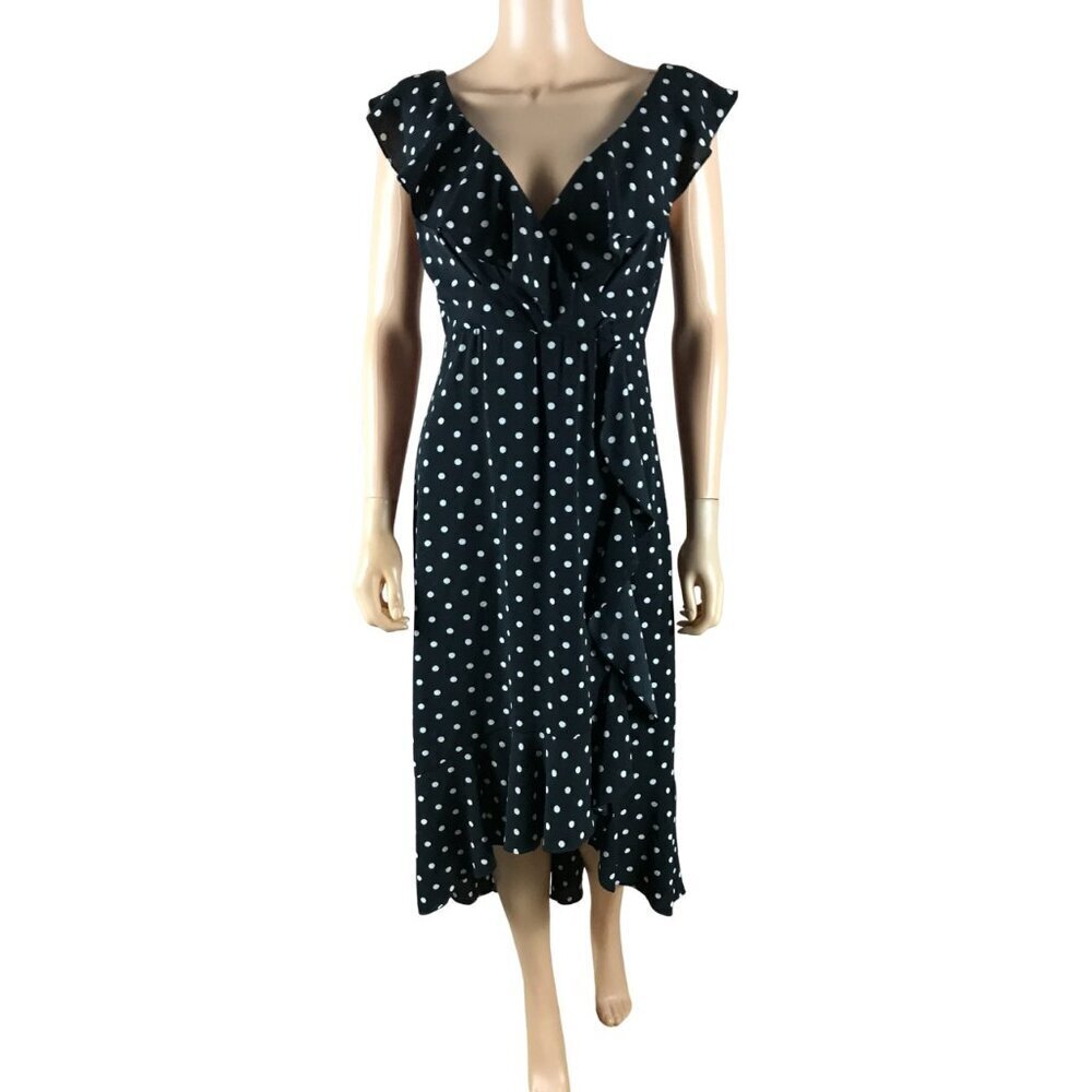 SANGRIA Black/White Ruffled Polka Dot Midi Dress Size 2